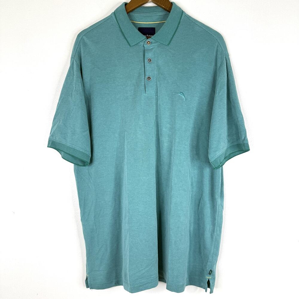 Tommy Bahama Polo Shirt Mens XL Green Herringbone Modal Polyester Lightweight